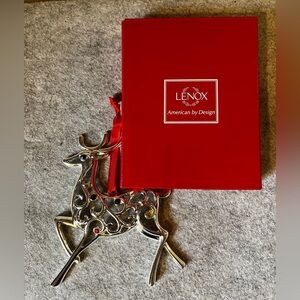 Lenox Sparkle and Scroll Reindeer Ornament Silverplate Multi Colored Crystals